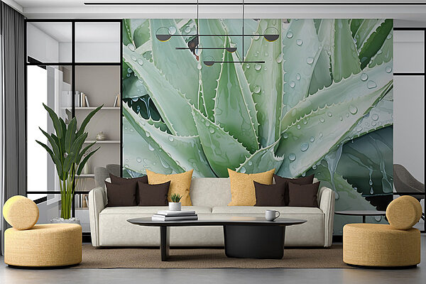 Weelderige groene plant met waterdruppels Fotobehang Weelderige groene plant met waterdruppels