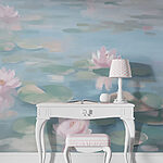 Fotobehang Water met lelieblad en roze bloemen