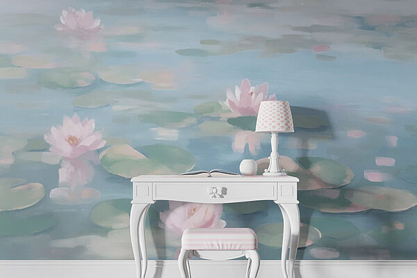 Water met lelieblad en roze bloemen Fotobehang Water met lelieblad en roze bloemen