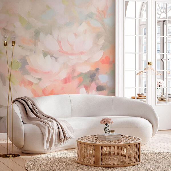 Schilderij van bloemen op een wit oppervlak Fotobehang Schilderij van bloemen op een wit oppervlak
