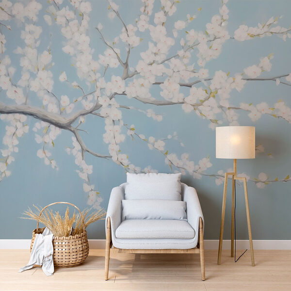 Schilderij van een boom met witte bloemen Fotobehang Schilderij van een boom met witte bloemen