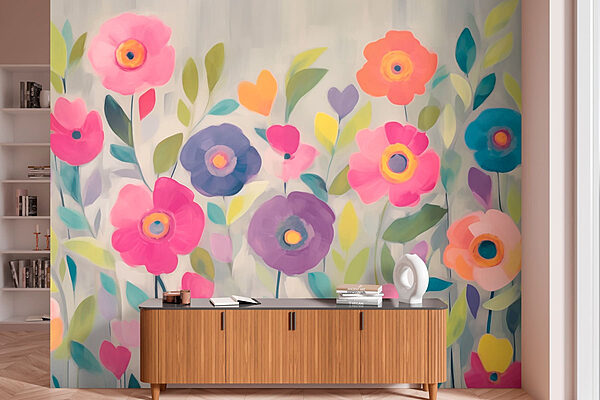 Schilderij van bloemen en bladeren Fotobehang Schilderij van bloemen en bladeren