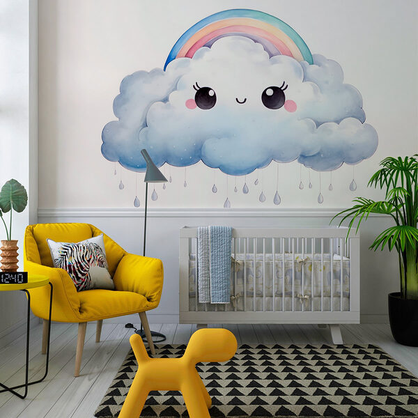 Cartoon van een wolk met een regenboog en regendruppels Fotobehang Cartoon van een wolk met een regenboog en regendruppels
