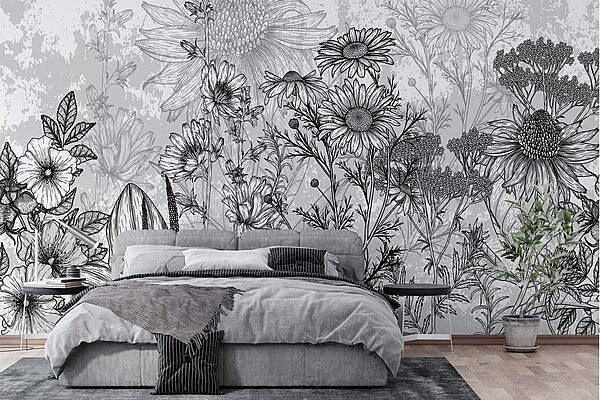 Zwart-wit afbeelding van bloemen Fotobehang Zwart-wit afbeelding van bloemen