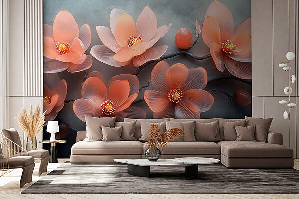 Groep roze bloemen op een tak Fotobehang Groep roze bloemen op een tak