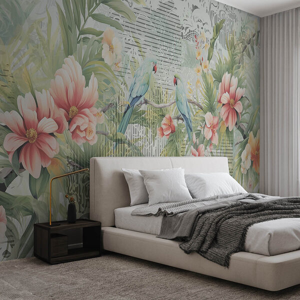 Vogel op een tak met bloemen Fotobehang Vogel op een tak met bloemen