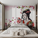 Fotobehang Vrouw in een kimono met bloemen