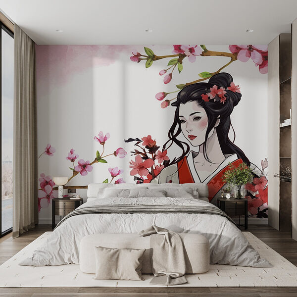 Vrouw in een kimono met bloemen Fotobehang Vrouw in een kimono met bloemen