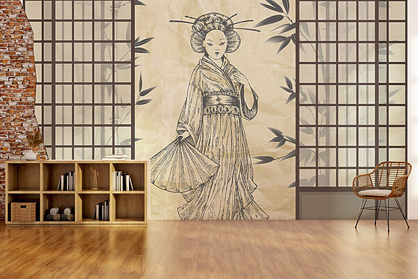 Tekening van een vrouw in een kimono Fotobehang Tekening van een vrouw in een kimono