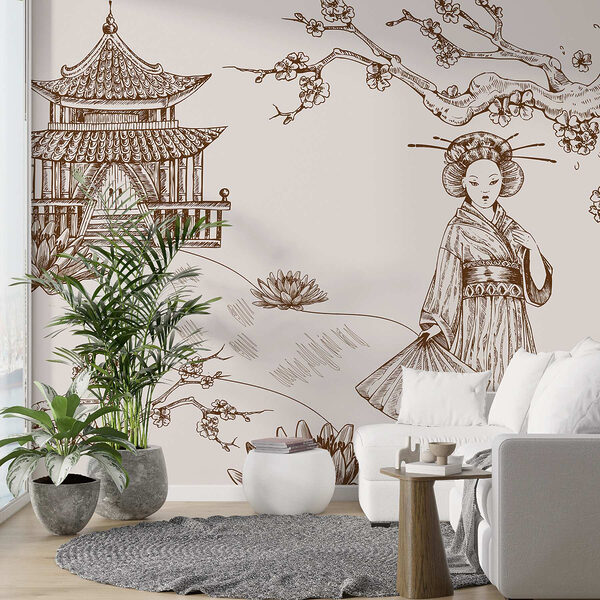 Tekening van een vrouw in een kimono Fotobehang Tekening van een vrouw in een kimono