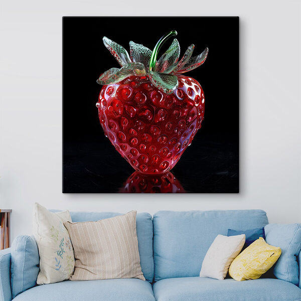 Glazen aardbei met groene steel Canvas Schilderijen Glazen aardbei met groene steel