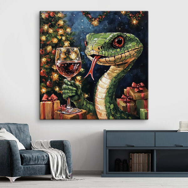 Schilderij van een slang die een glas wijn vasthoudt Canvas Schilderijen Schilderij van een slang die een glas wijn vasthoudt