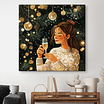 Canvas Schilderijen Vrouw met een glas champagne onder een kerstboom
