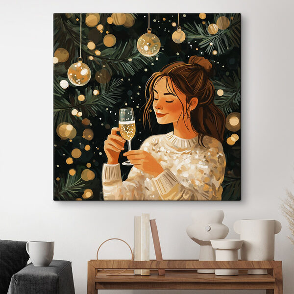 Vrouw met een glas champagne onder een kerstboom Canvas Schilderijen Vrouw met een glas champagne onder een kerstboom
