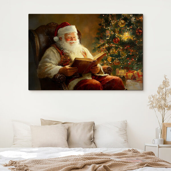 Schilderij van een kerstman die een boek leest Canvas Schilderijen Schilderij van een kerstman die een boek leest