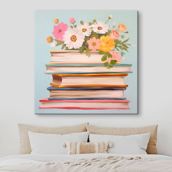 Schilderij van een stapel boeken met bloemen erop Canvas Schilderijen Schilderij van een stapel boeken met bloemen erop