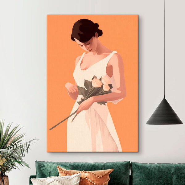 Vrouw in een witte jurk met bloemen Canvas Schilderijen Vrouw in een witte jurk met bloemen