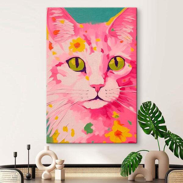 Schilderij van een kat met bloemen erop Canvas Schilderijen Schilderij van een kat met bloemen erop
