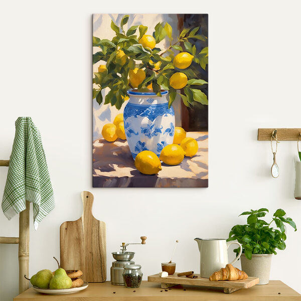 Schilderij van citroenen in een vaas Canvas Schilderijen Schilderij van citroenen in een vaas