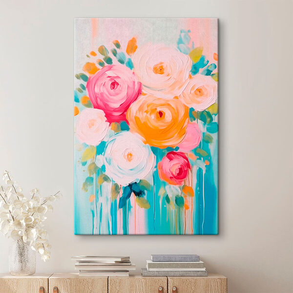 Schilderij van bloemen op een blauw oppervlak Canvas Schilderijen Schilderij van bloemen op een blauw oppervlak