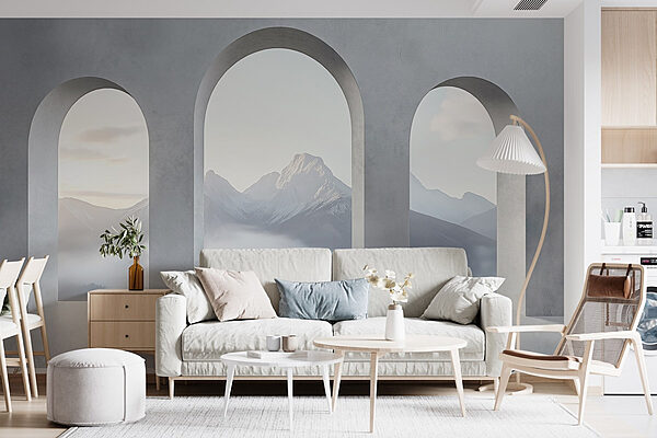 Witte kamer met boogramen en bergen op de achtergrond Fotobehang Witte kamer met boogramen en bergen op de achtergrond