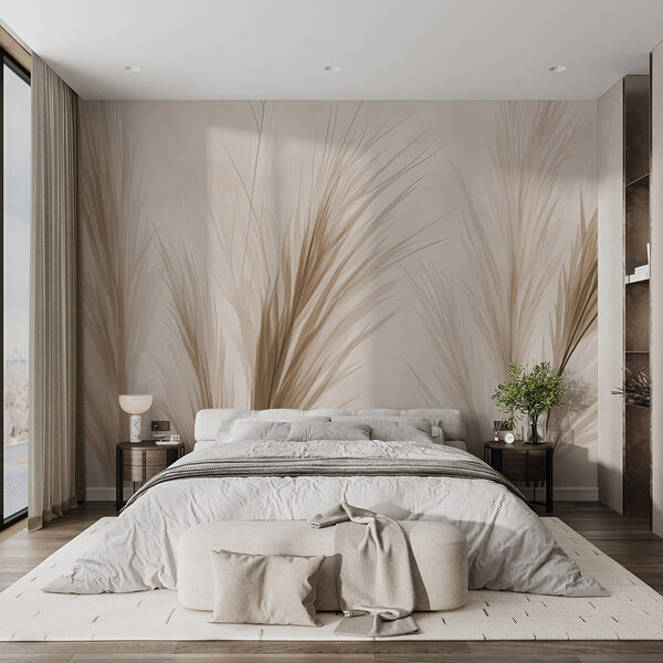 Zachte, elegante grassilhouetten in beige Fotobehang Zachte, elegante grassilhouetten in beige
