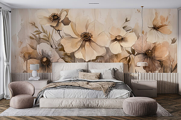 Schilderij van bloemen op een muur Fotobehang Schilderij van bloemen op een muur