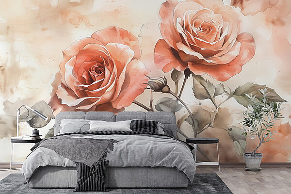 Schilderij van twee rozen Fotobehang Schilderij van twee rozen