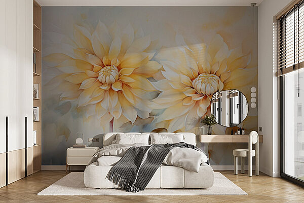 Schilderij van bloemen op een witte achtergrond Fotobehang Schilderij van bloemen op een witte achtergrond