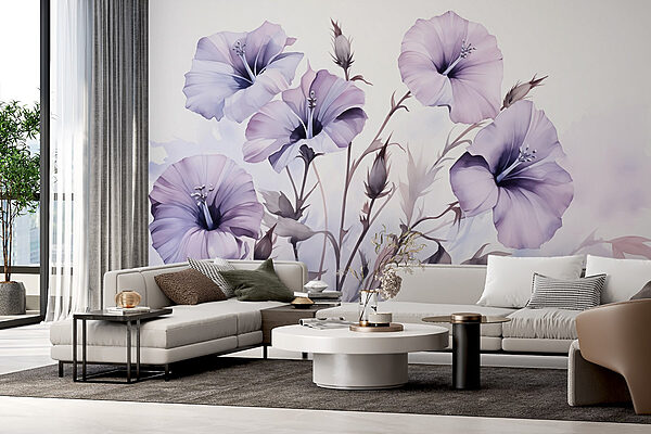 Schilderij van paarse bloemen Fotobehang Schilderij van paarse bloemen