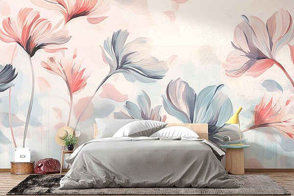 Schilderij van bloemen op een witte achtergrond Fotobehang Schilderij van bloemen op een witte achtergrond