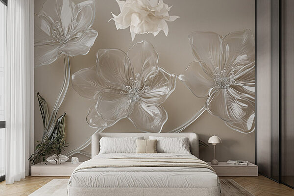 Glazen bloemen op een wit oppervlak Fotobehang Glazen bloemen op een wit oppervlak