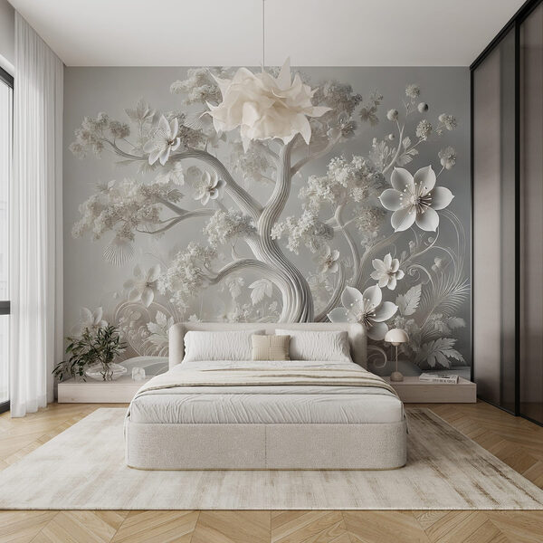 Witte boom met bloemen Fotobehang Witte boom met bloemen