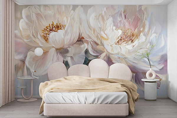 Schilderij van bloemen op een witte achtergrond Fotobehang Schilderij van bloemen op een witte achtergrond