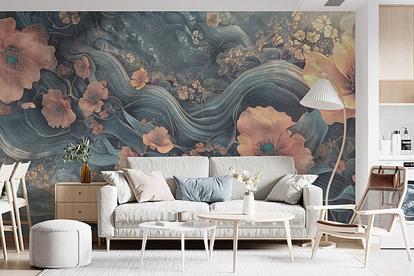 Schilderij van bloemen en golven Fotobehang Schilderij van bloemen en golven