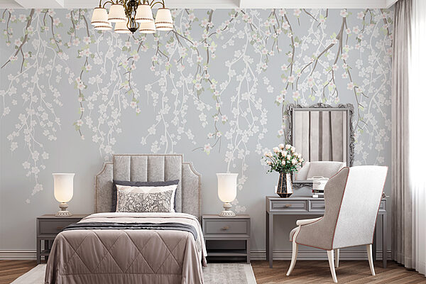 Witte bloemen op een boomtak Fotobehang Witte bloemen op een boomtak