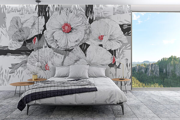 Groep witte bloemen met rood hart Fotobehang Groep witte bloemen met rood hart