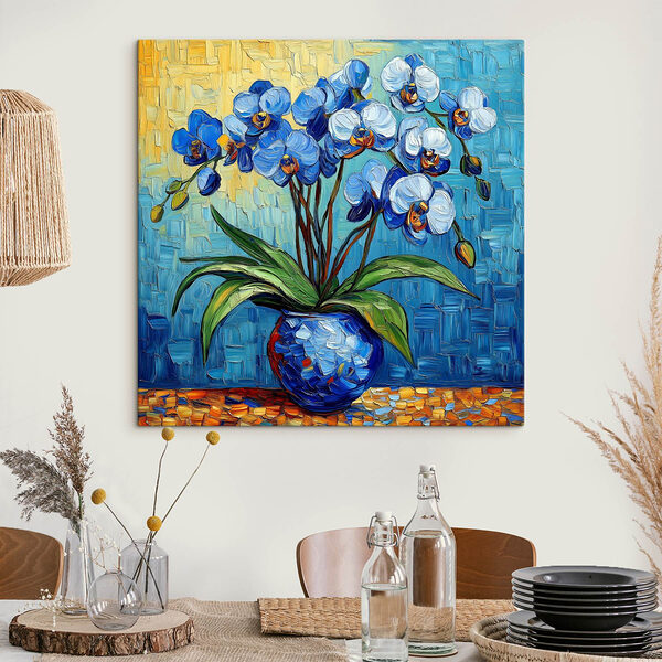 Schilderij van bloemen in een blauwe vaas Canvas Schilderijen Schilderij van bloemen in een blauwe vaas