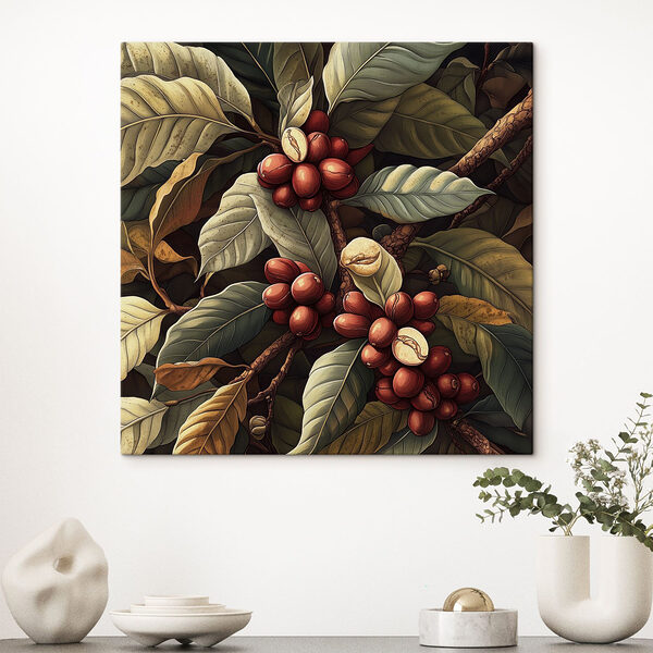 Verse koffiebessen op bladertakken Canvas Schilderijen Verse koffiebessen op bladertakken
