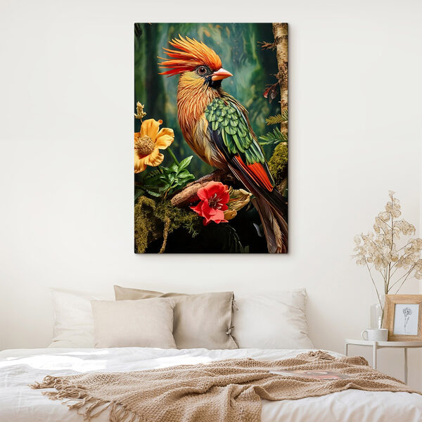 Kleurrijke vogel zittend op een tak met bloemen Canvas Schilderijen Kleurrijke vogel zittend op een tak met bloemen