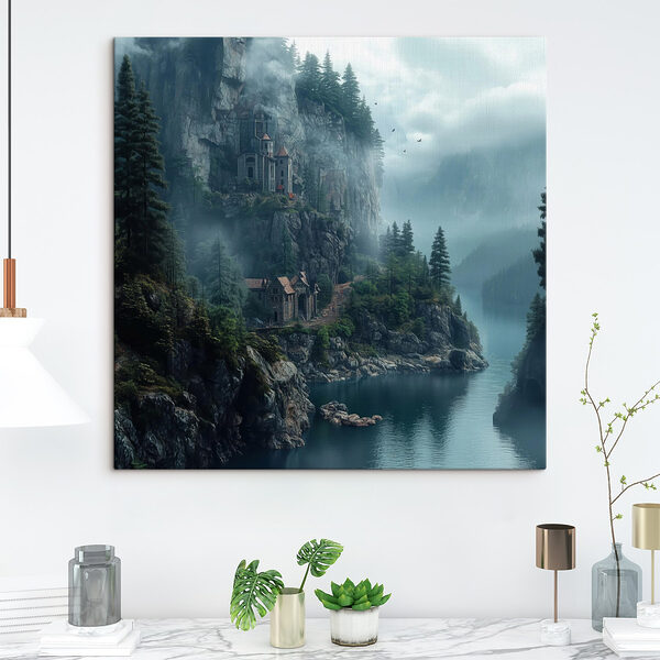 Rivier met een huis op een klif Canvas Schilderijen Rivier met een huis op een klif