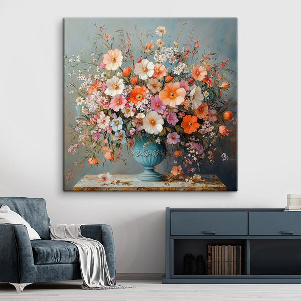 Vaas met bloemen op een stenen oppervlak Canvas Schilderijen Vaas met bloemen op een stenen oppervlak
