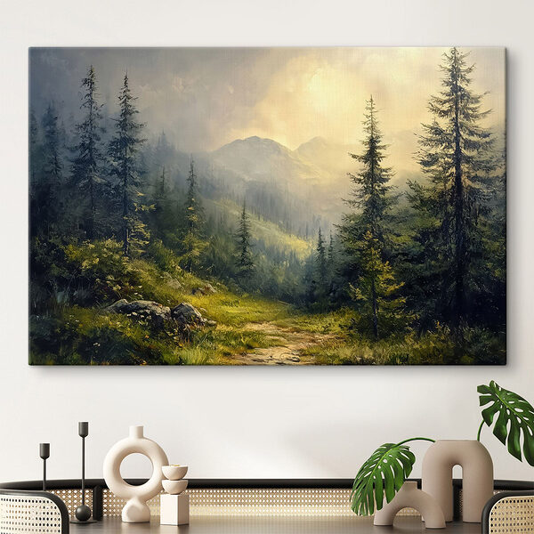 Schilderij van een bos met bergen en bomen Canvas Schilderijen Schilderij van een bos met bergen en bomen