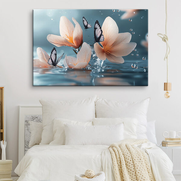 Vlinders op bloemen en water Canvas Schilderijen Vlinders op bloemen en water