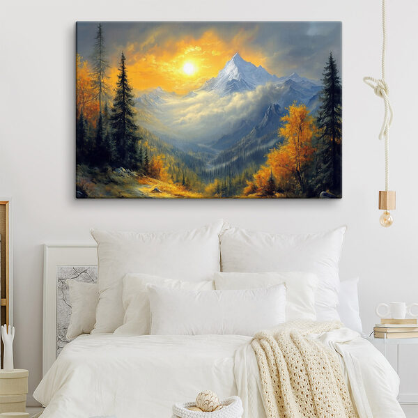 Berglandschap met bomen en wolken Canvas Schilderijen Berglandschap met bomen en wolken