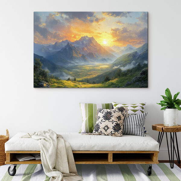 Landschap van bergen en een vallei met wolken en zon Canvas Schilderijen Landschap van bergen en een vallei met wolken en zon