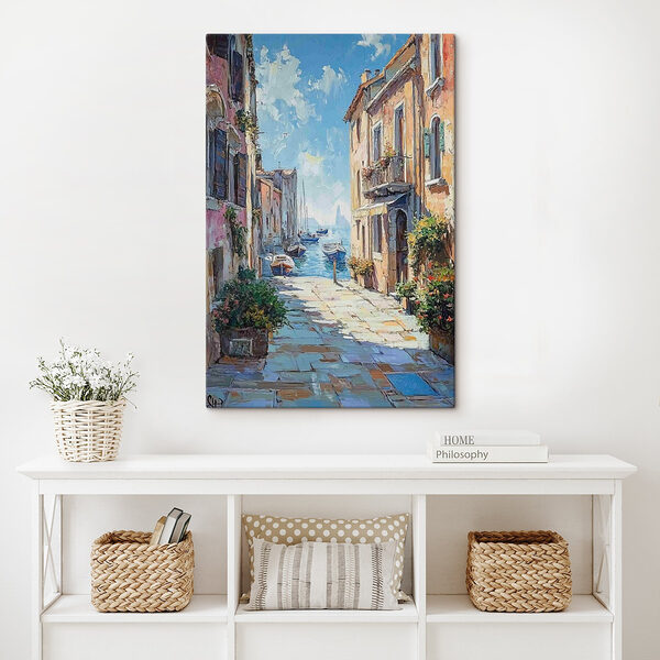 Schilderij van een straat met boten en gebouwen Canvas Schilderijen Schilderij van een straat met boten en gebouwen
