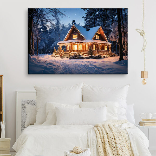 Huis met lichtjes in de sneeuw Canvas Schilderijen Huis met lichtjes in de sneeuw