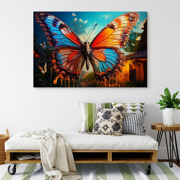 Vlinder met oranje en blauwe vleugels Canvas Schilderijen Vlinder met oranje en blauwe vleugels