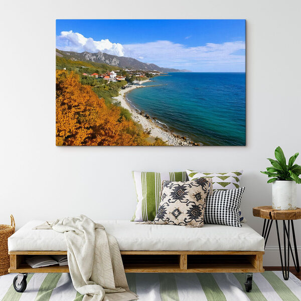 Strand met huizen en bomen aan de zijkant Canvas Schilderijen Strand met huizen en bomen aan de zijkant